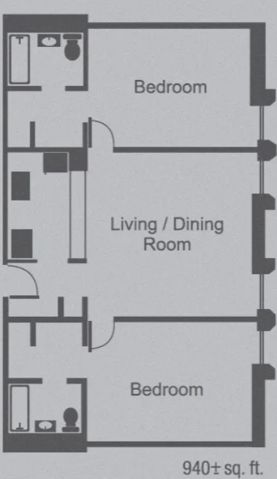 Floor plan for 2 beds, 2 baths, 940 sqft